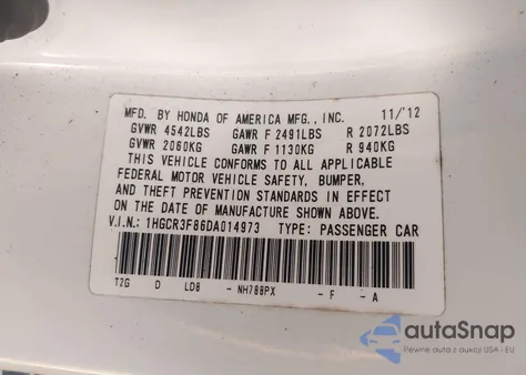 2013 Honda Accord Ex-L V-6 из США, поврежденный, VIN 1HGCR3F86DA014973